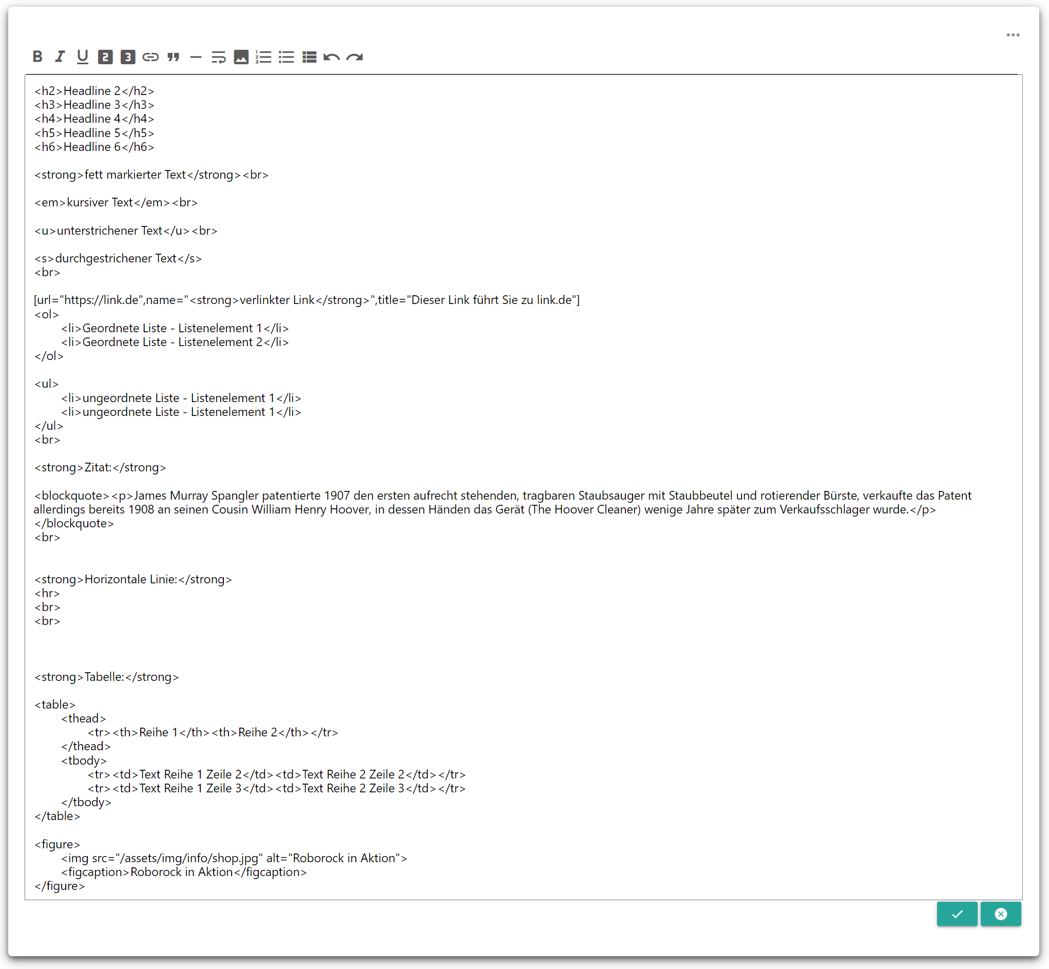 Überblick der oberen Codes formatiert